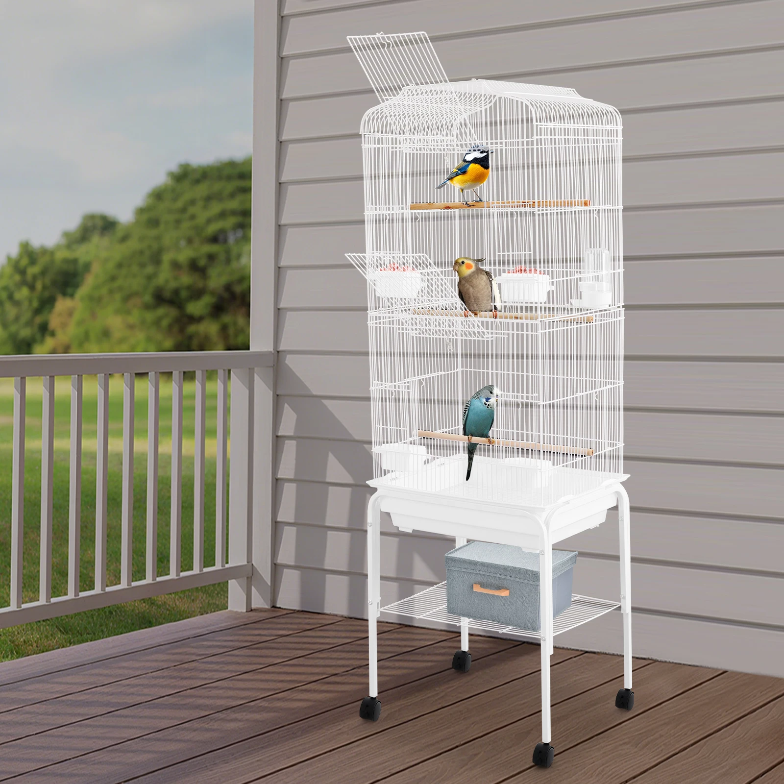 

Large White Bird Cage with Wheels - 4 Casters (2 Brakes) Rectangular Parrot Breeding Cage Freestanding Iron Electrostatic Sprayi
