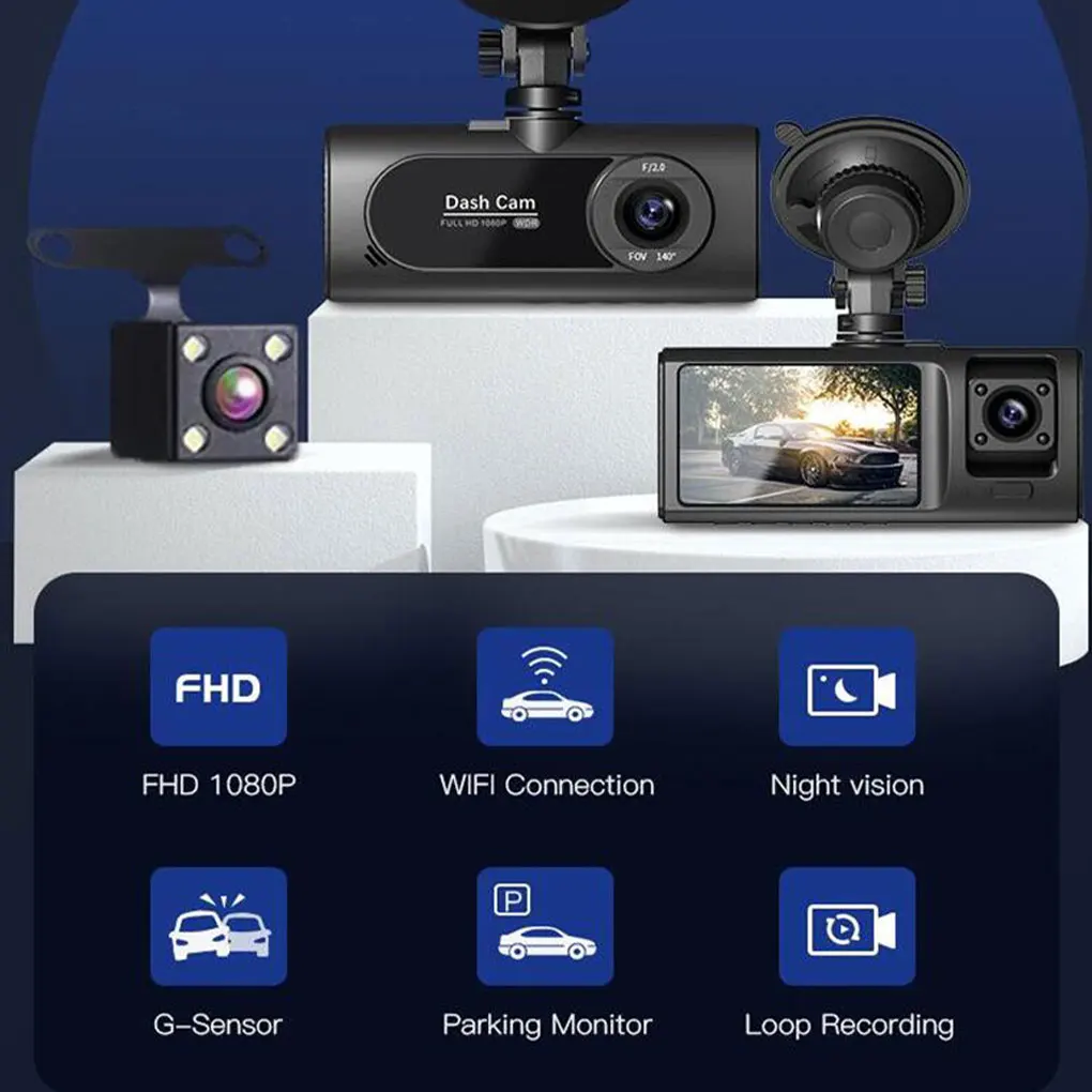 ABS Full HD Car 2Inch Screen Dash Cam Front Rear Inside Triple Lens With G-Sensor Loop Recording Parking Monitoring