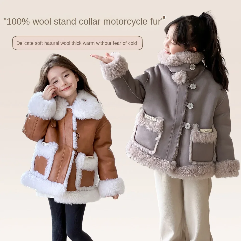 4-15Y Children's fur one  winter new men's  women's fur motorcycle coat thick lamb wool coat 110-160cm