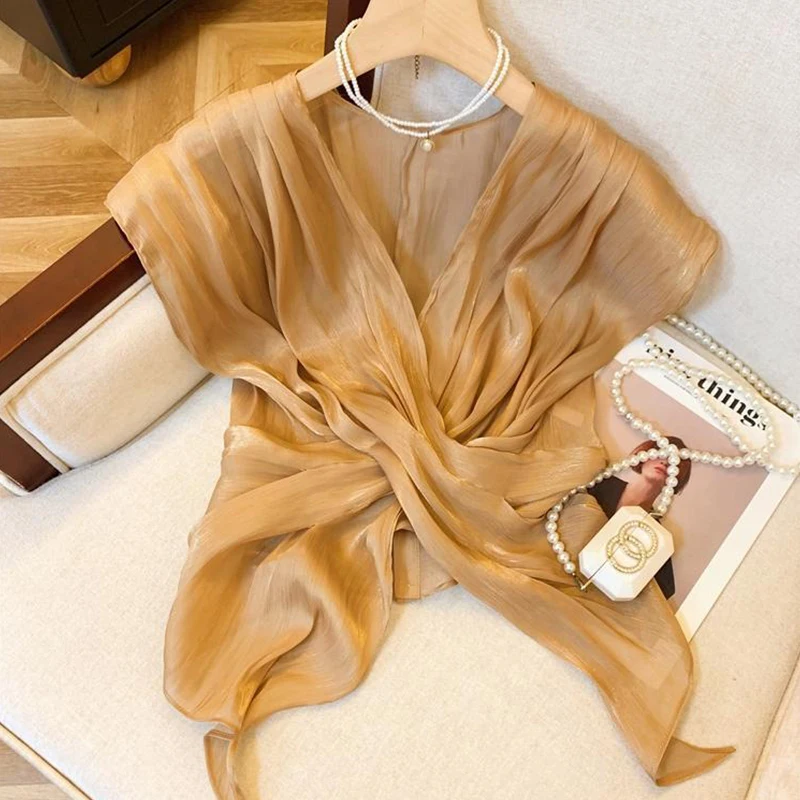 

Women Summer Elegant Temperament V-neck Irregular Solid Color Sleeveless Shirts Ladies Fashion Office Lady All-match Thin Tops