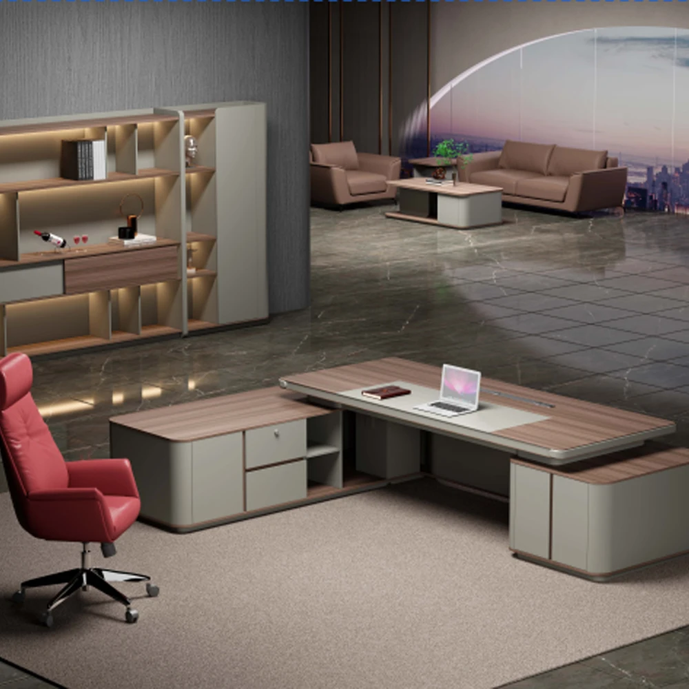 Luxury Executive Office Desk with Red Leather Chair, High-End Manager Workstation for Business Status & Productivity