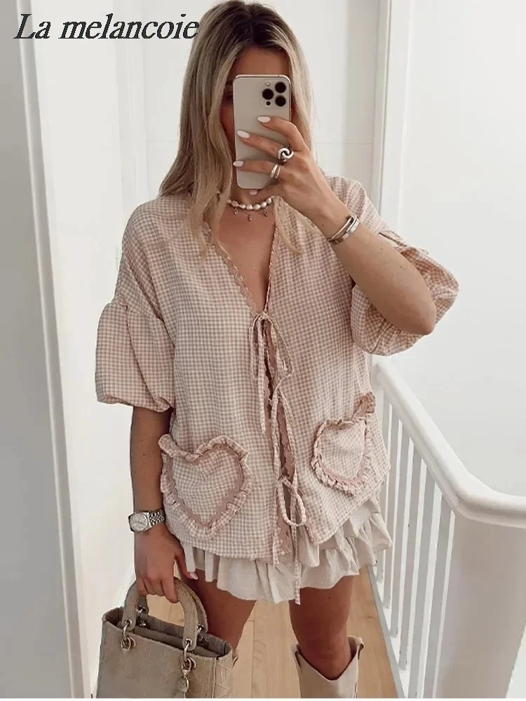 Heart Lace Up  Loose Blouse Woman Plaid Shirt 2024 Summer New Streetwear Half Puff Sleeve Shaped Pocket Tops Sweet Casual Shirts