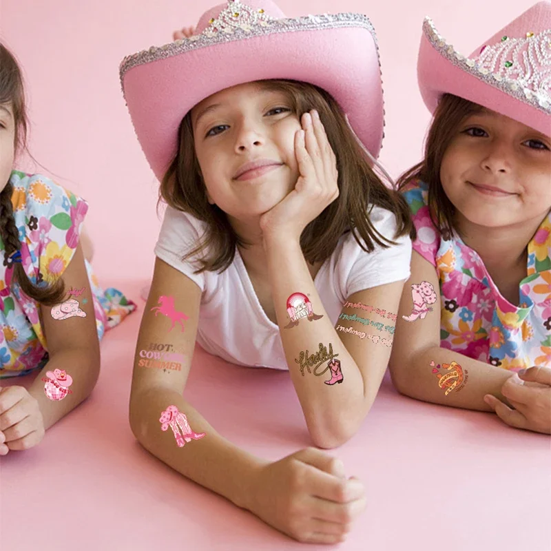 10 Sheets Western Cowgirl Theme Party Favors Pink Girl Boot Hat Temporary Tattoos Sticker Rodeo Birthday Wedding Party Decor