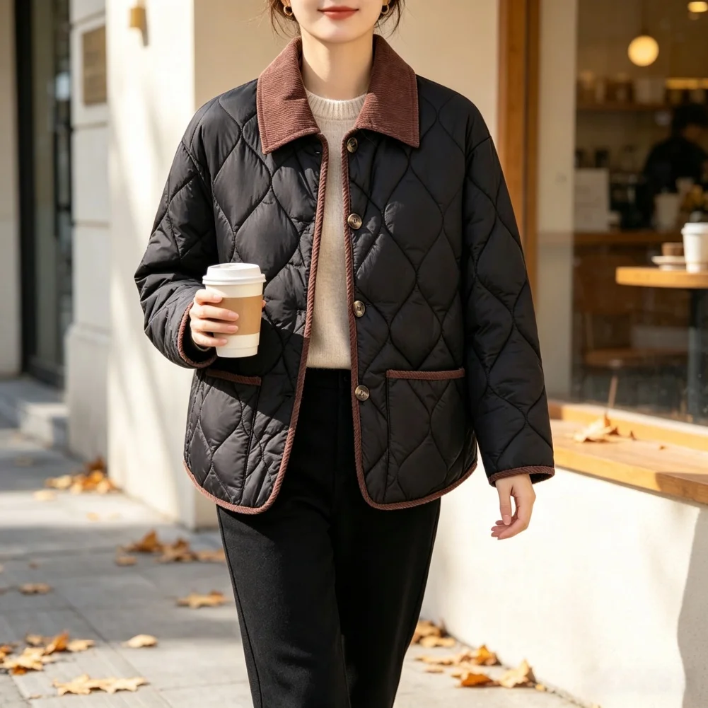 Womens Wavy Quilted Corduroy Jacket Solid Color Lapel Collar Contrast Trim Medium Elasticity Summer Beach Style