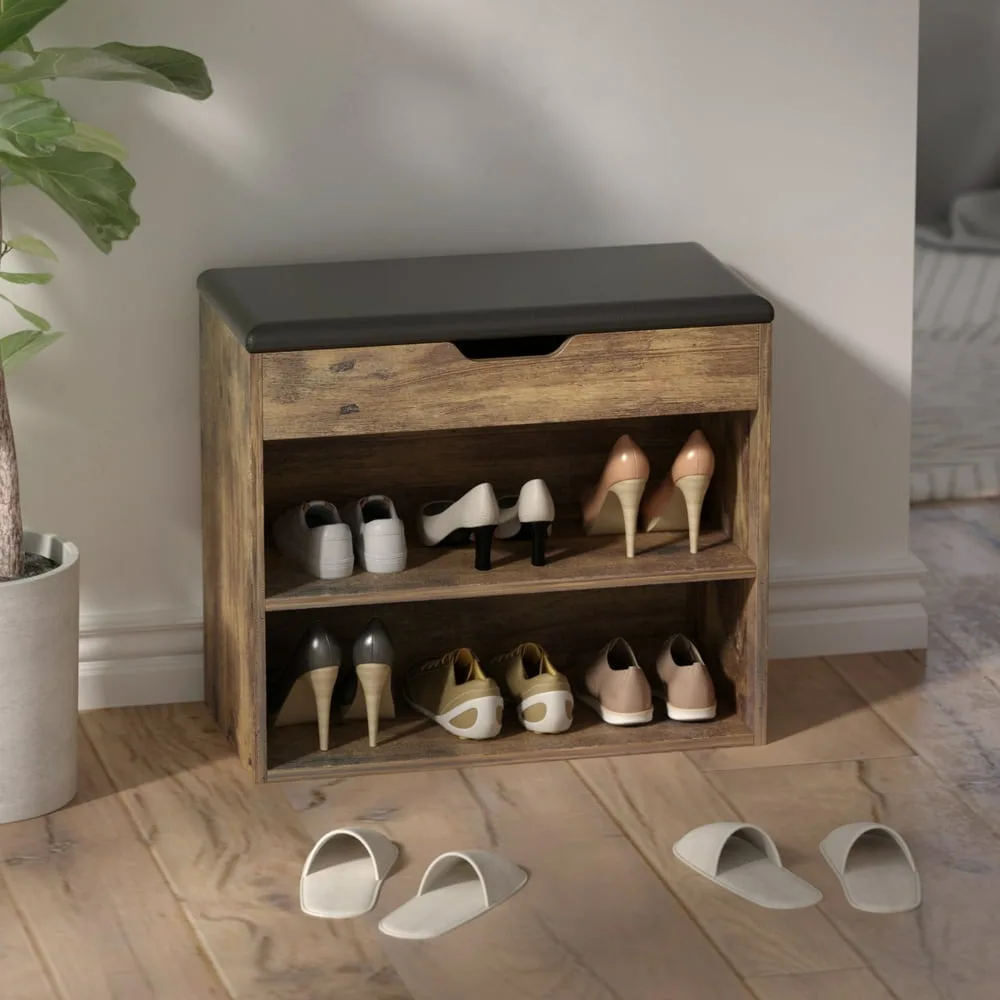 

Monslipa Shoe Bench With Storage, 2-Tier Foot Stool Shoe Ra With Soft Cushion Seat, Rustic Brown
