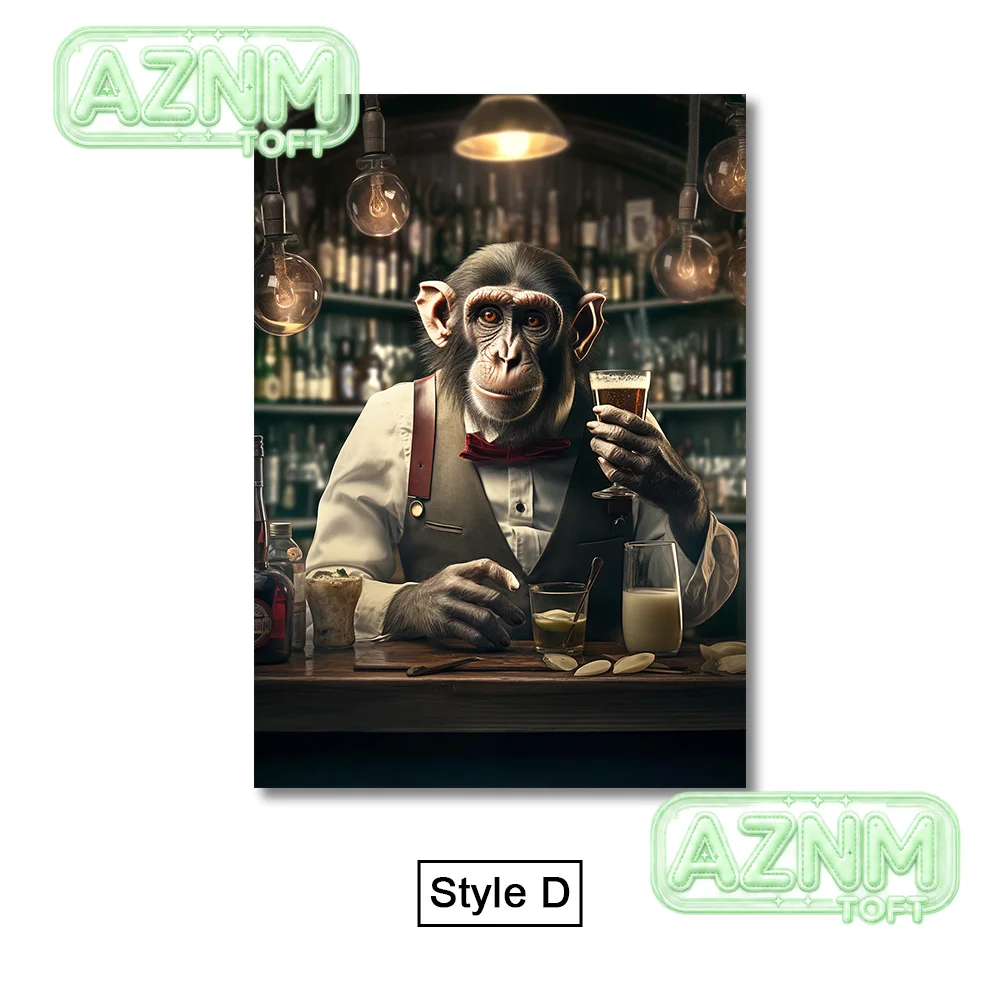 Abstract Monkey Poster Smoking A Cigar Bartender Animals Canvas Print Painting Nordic Wall Art Picture Hoom Decor