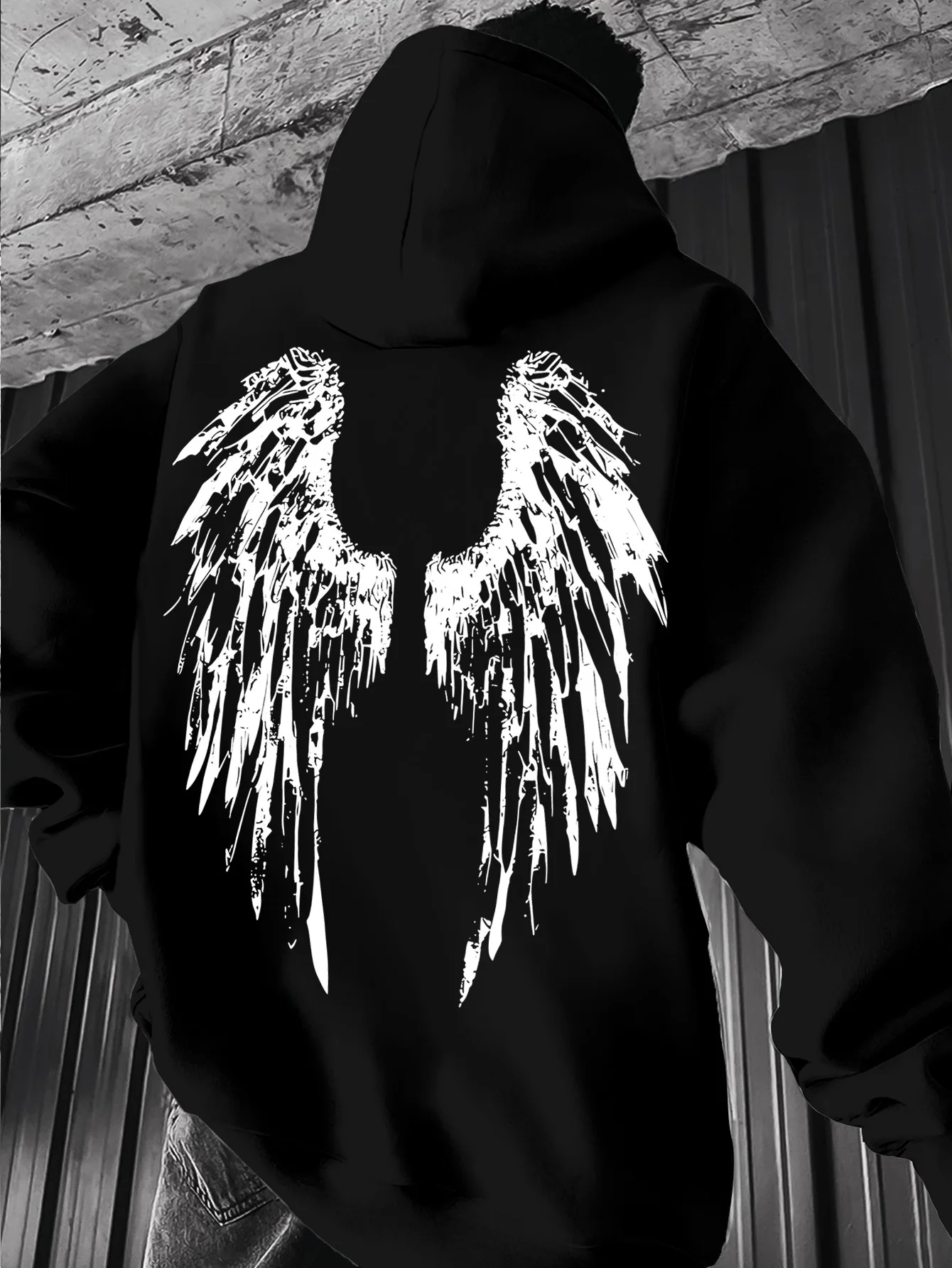 Mens Gothic Street Hoodie Double‑Sided Angel Design, Front Warrior Angel Print & Back Big Distressed Angel Wings Art Long‑sleeve Pullover Hooded Sweatshirt Casual Street Tops