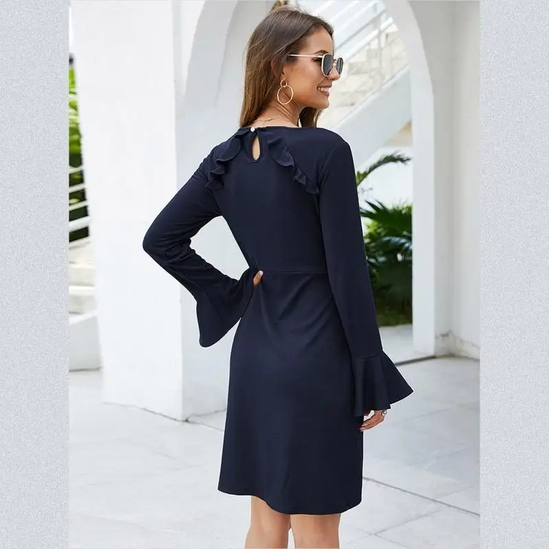 l38e-women-long-sleeve-crewneck-midi-dress-simple-color-hollow-out-ruffle-back-tie-waist-split-irregular-dress