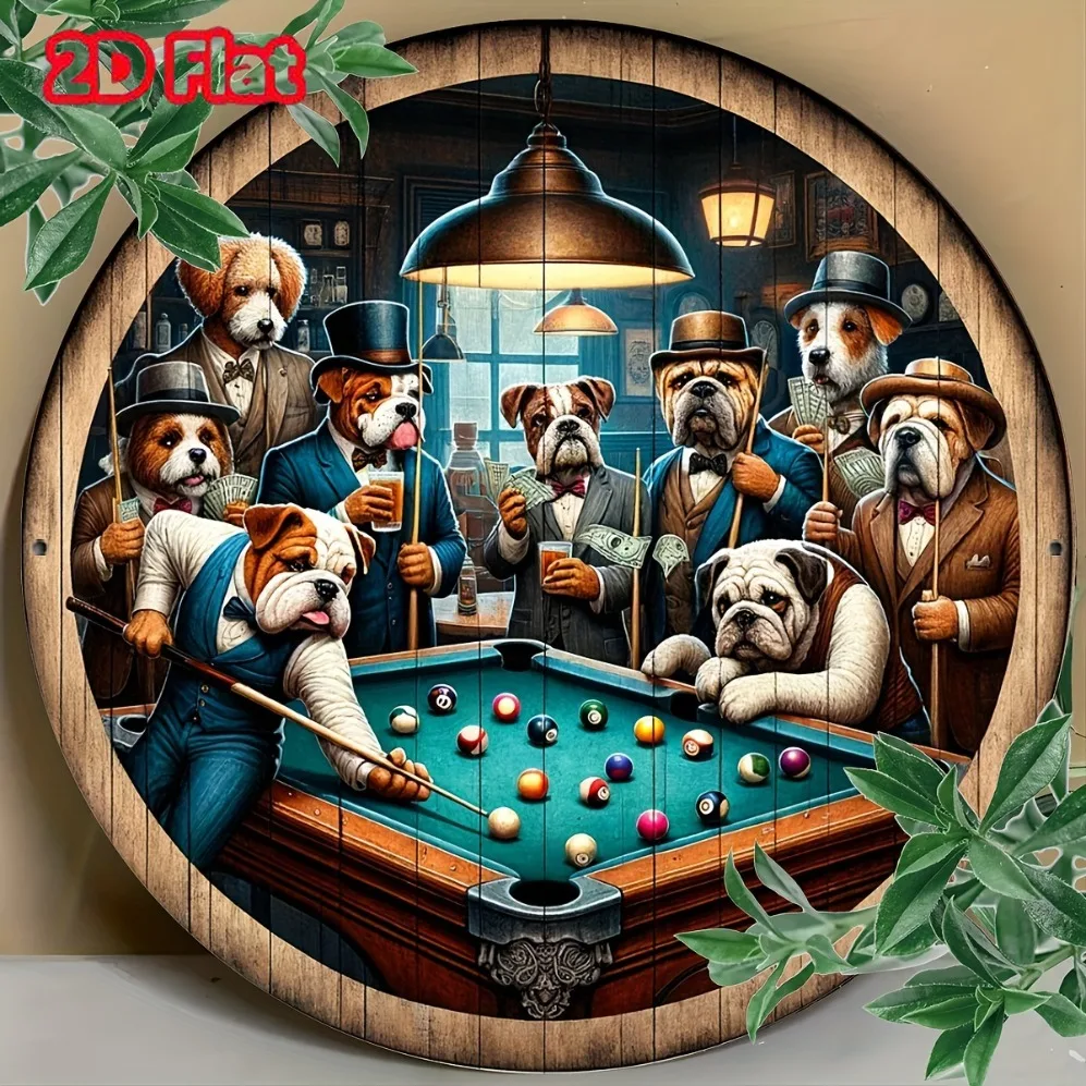 Placa de metal vintage, perros de estilo vintage jugando a la piscina, arte de pared | Diseño canino antropomórfico caprichoso, decoración de puerta