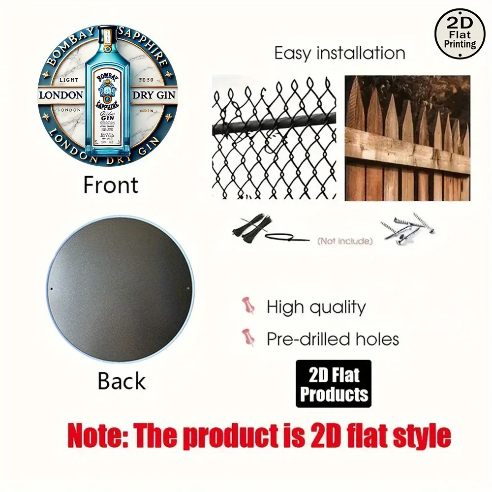 لافتة معدنية مسطحة ثنائية الأبعاد، قطعة واحدة من شعار Bombay Sapphire London Dry Gin - تصميم كلاسيكي منقوش برقائق دائرية مقاس 8 × 8، شعار أزرق مميز #3
