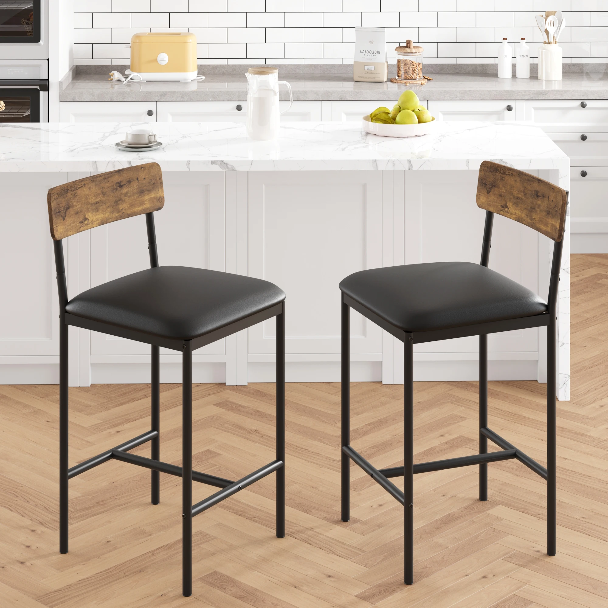 Bar Stools Set of 2, Kitchen Bar Stools with Footrest, Upholstered Counter Height Barstools, Bar Chairs with Back for Kitchen