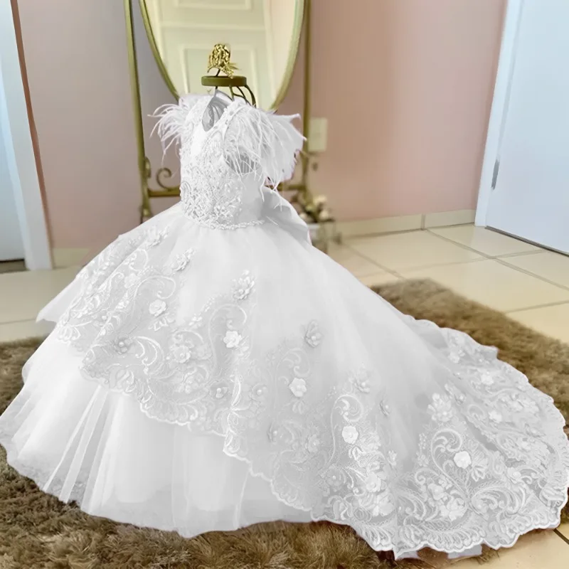 

Customized Flower Girl Dress White Feather Sleeves Lace Bow Train for Wedding Party Birthday Princess Tulle Gown