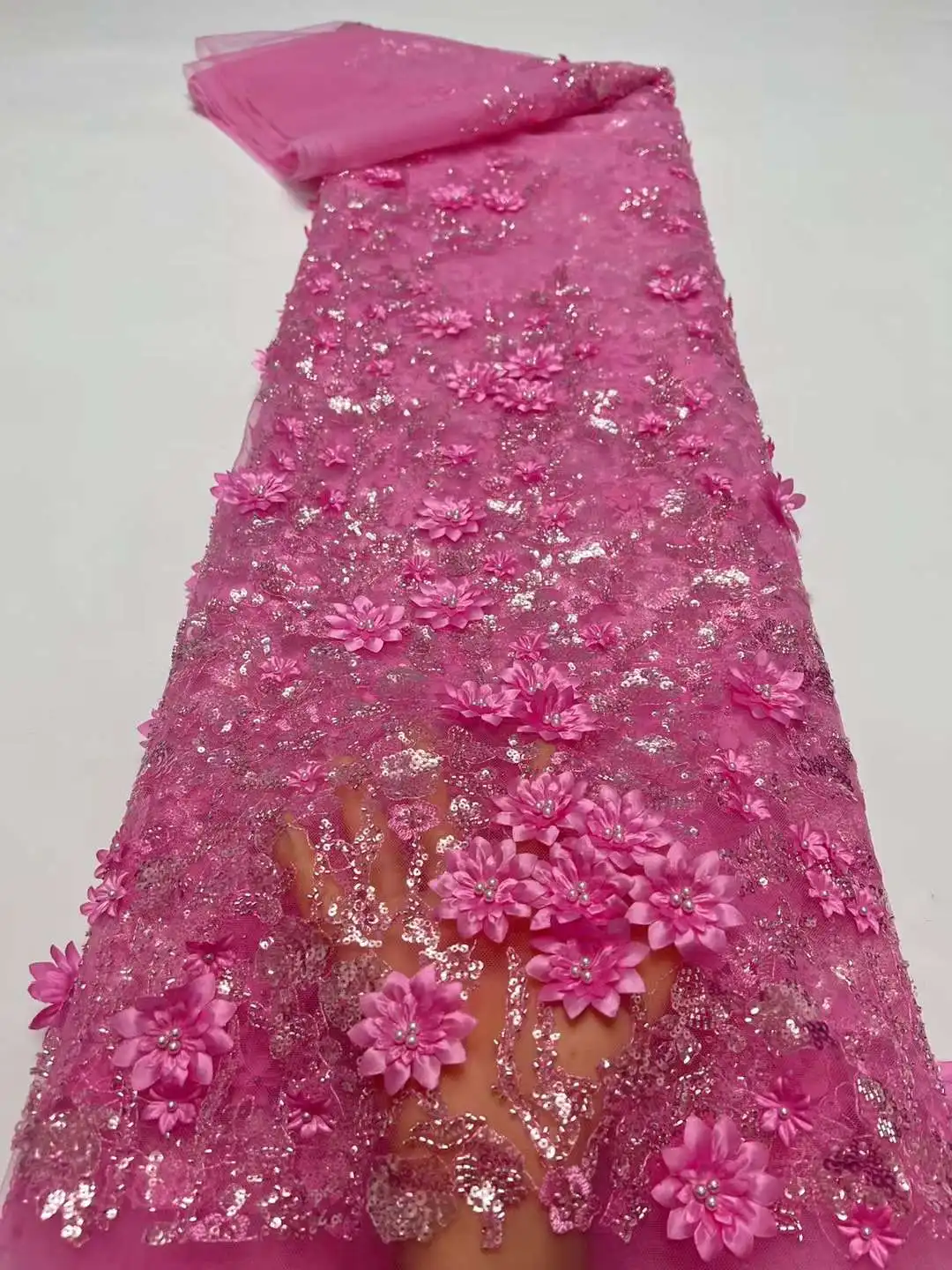 

Pretty 2024 3D Flowers Embroidery With Beads French tulle net /African sequins Fabric For Party Dresses weddings