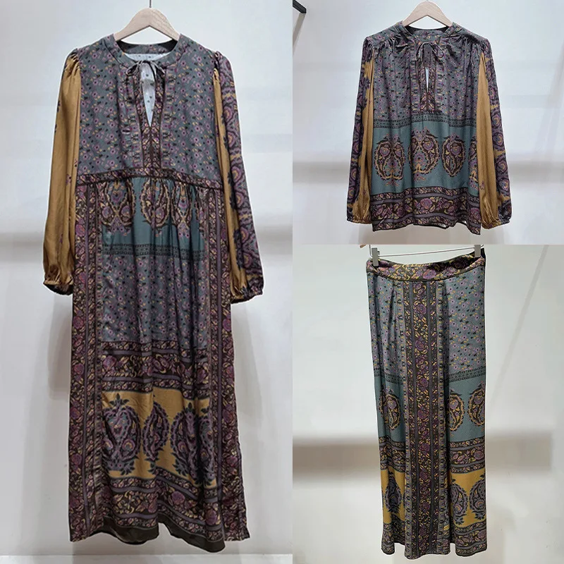 Niche 2025 بلوزة أنيقة لخريف وشتاء 2021 مطبوعة على الطراز العتيق ورقبة على شكل حرف V وتنورة وسراويل ومجموعة فساتين #1