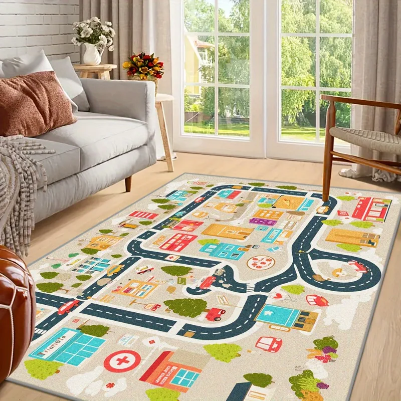 City Traffic Road Map Area Rug Fun Town Scene Art Decor Carpet Floor Rug for Living Room Bedroom Apartment Dorm Indoor Home