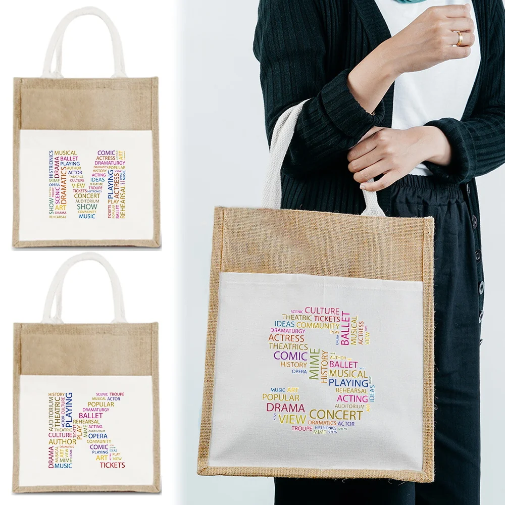 Cotton and Linen Shopping Bag Handheld Linen Handbag Vintage Grocery Bags Text Series Portable Organizer Pouch Beach Bags