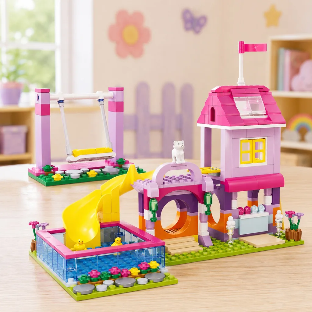 368pcs Summer Playground Building Blocks Set with Slide Swing Pool DIY Amusement Park Bricks Toy Birthday Gift for Girls