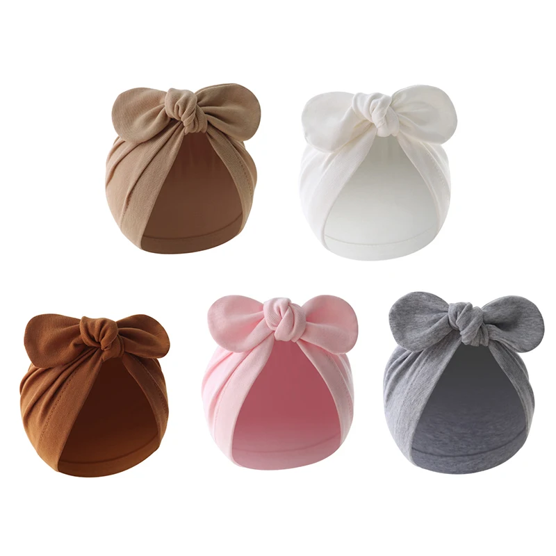 Cute Bunny Ears Baby Turban Hat Solid Color Infant Beanie Cap for Girls Boys Soft Cotton Indian Cap Toddler Bonnet Headwrap