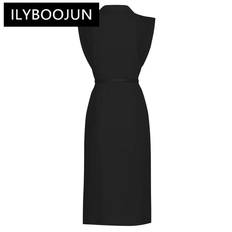 ILYBOOJUN Fashion Designer Summer Women\'s Dress Turn-down Collar Sleeveless Double Breasted Stripe Office Elegant Midi Dress