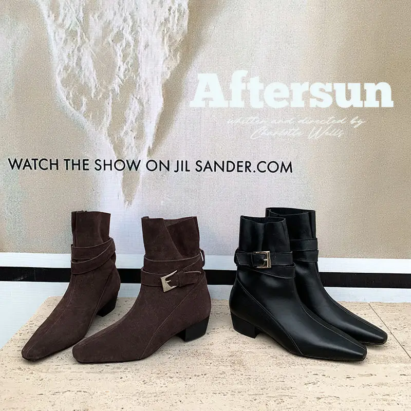 2026 new autumn winter women ankle boots 22-24.5cm cowhide/cow suede square toe modern boots thick heel belt buckle short boots