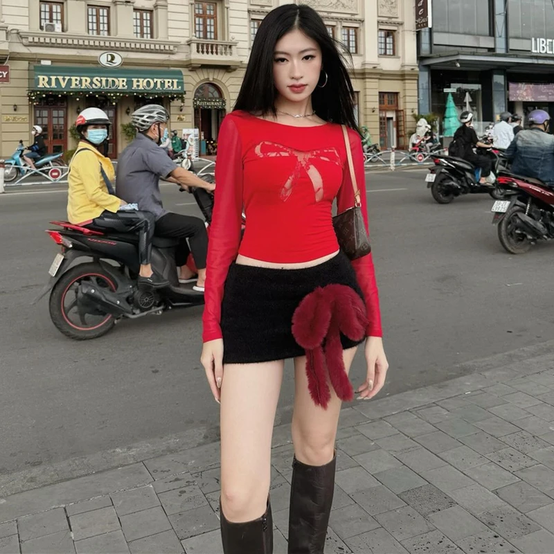 WhereMery Y2K Mesh hollow Bow Slim Crop Top Summer High Street Red Long Sleeve T-Skirt Women Sexy Night Club Party Tee