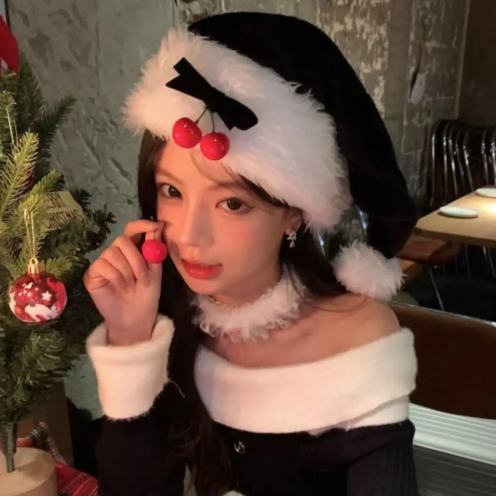 

Ins Cherry Plush Christmas Hat Bowknot New Year Santa Claus Hat Sweet Velvet Fur Xmas Cap Gifts