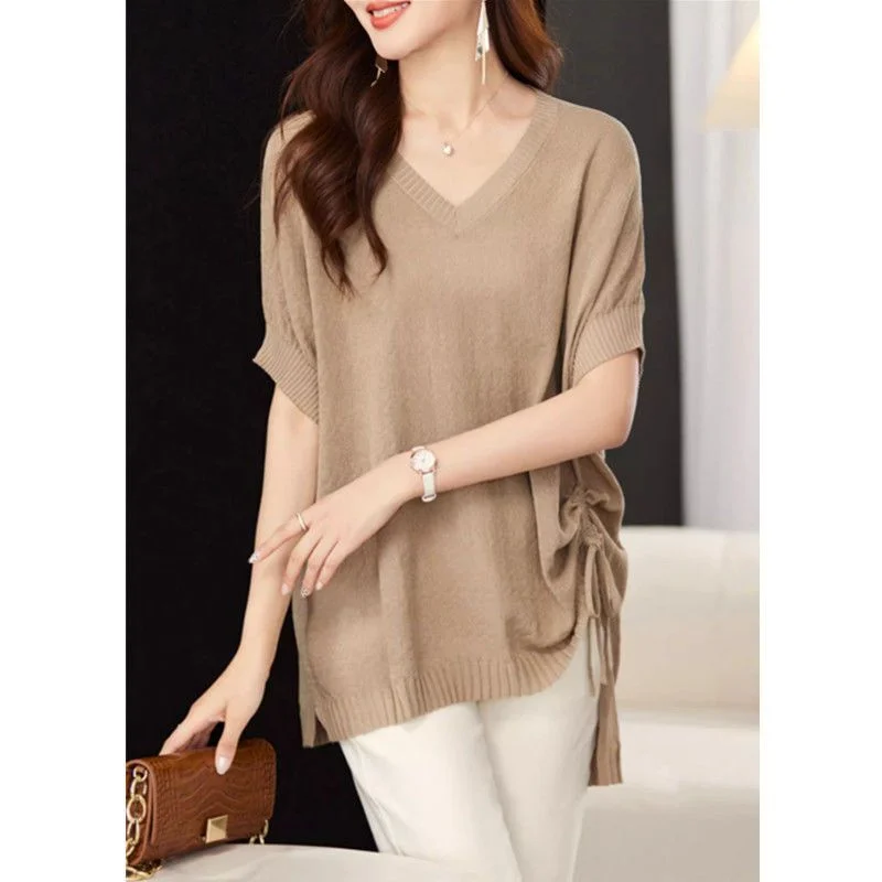 

plus Size Ice Silk Knitwear V-Ne Summer Sle Women's Loose Fit Casual Pure Color Meat Concealing Anti-Aging Knit irt