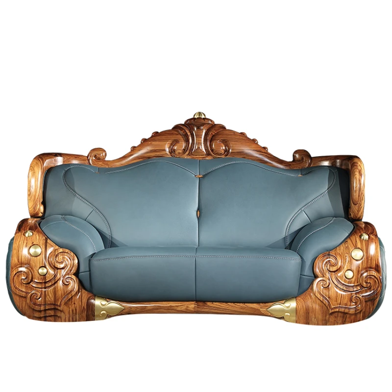 

Европейский черный деревянный резной цветок, комбинация кожаного дивана из цельного дерева, медная мебель для большой квартиры, роскошная мебель