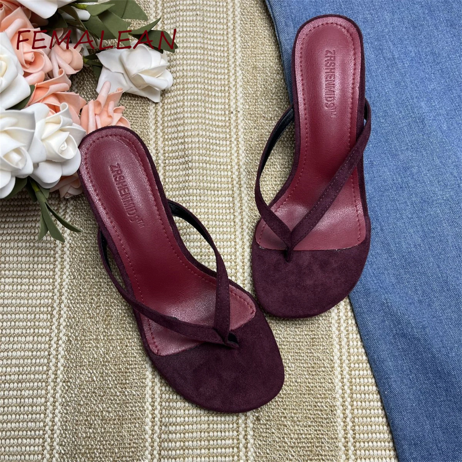 Big Size 42 Flip Flops Burgundy Mule Minimal Shape Round Toe Matte Mid Block Heels Beach Slides Sandal Pumps Shoes For Women