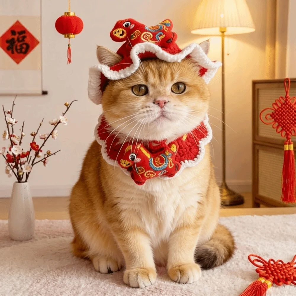 

Funny Cartoon Chinese Style Pet Scarf Zodiac Horse Design Red Pet Knitted Hat Comfortable Elastic Cat Collar Spring Festival
