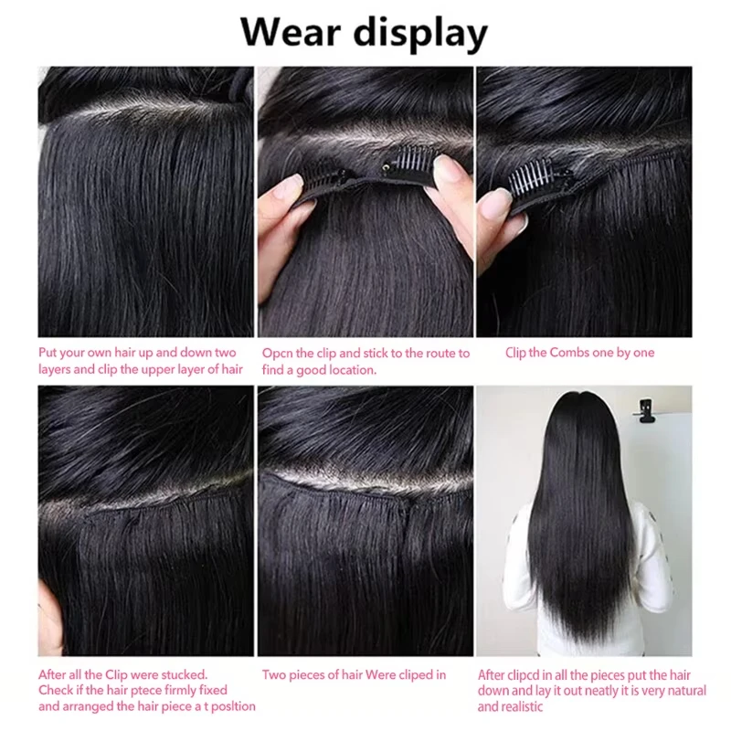 14A natürliche schwarze Haarverlängerungen, gerade Clip-Ins-Haarverlängerungen, 100 % echtes Remy-Rohhaar, seidige glatte Haarspangen für Frauen
