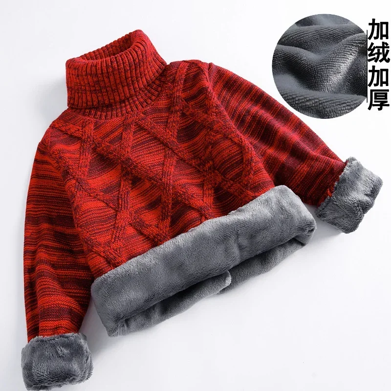 Winter New Big Children Thick Sweaters Boy Girl Knitted Turtleneck Kids High Collar Pullover Sweater Plus Velvet Warm Knitwear