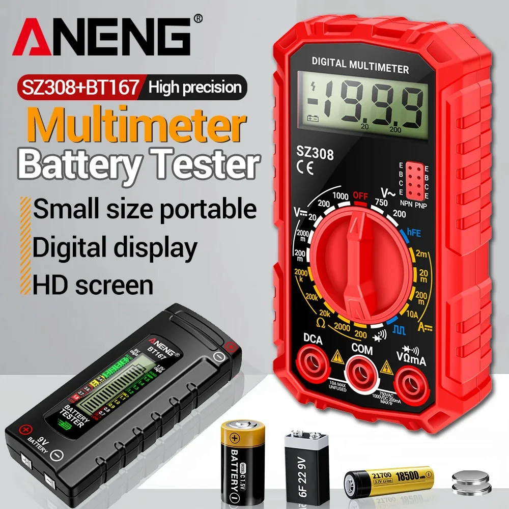 

Digital Square Multimeter SZ308+BT167 Battery Tester AC/DC Voltage 10A Current HFE Buzzer Quickly Measure Battery Tester Tools