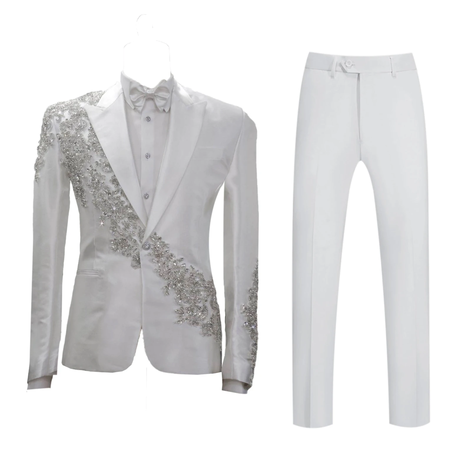 

Роскошный свадебный смокинг с кристаллами, 2-х предметный, однобортный пиджак с острыми лацканами, мужской костюм для вечеринок и выпускных, на заказ