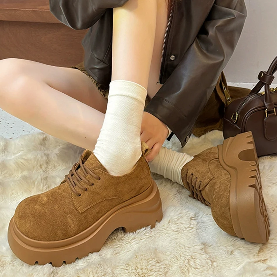 

Мокасины 2021, осенне-зимняя новая женская обувь, туфли на большой головке, модная повседневная обувь на шнуровке, одинарные туфли на толстой подошве.