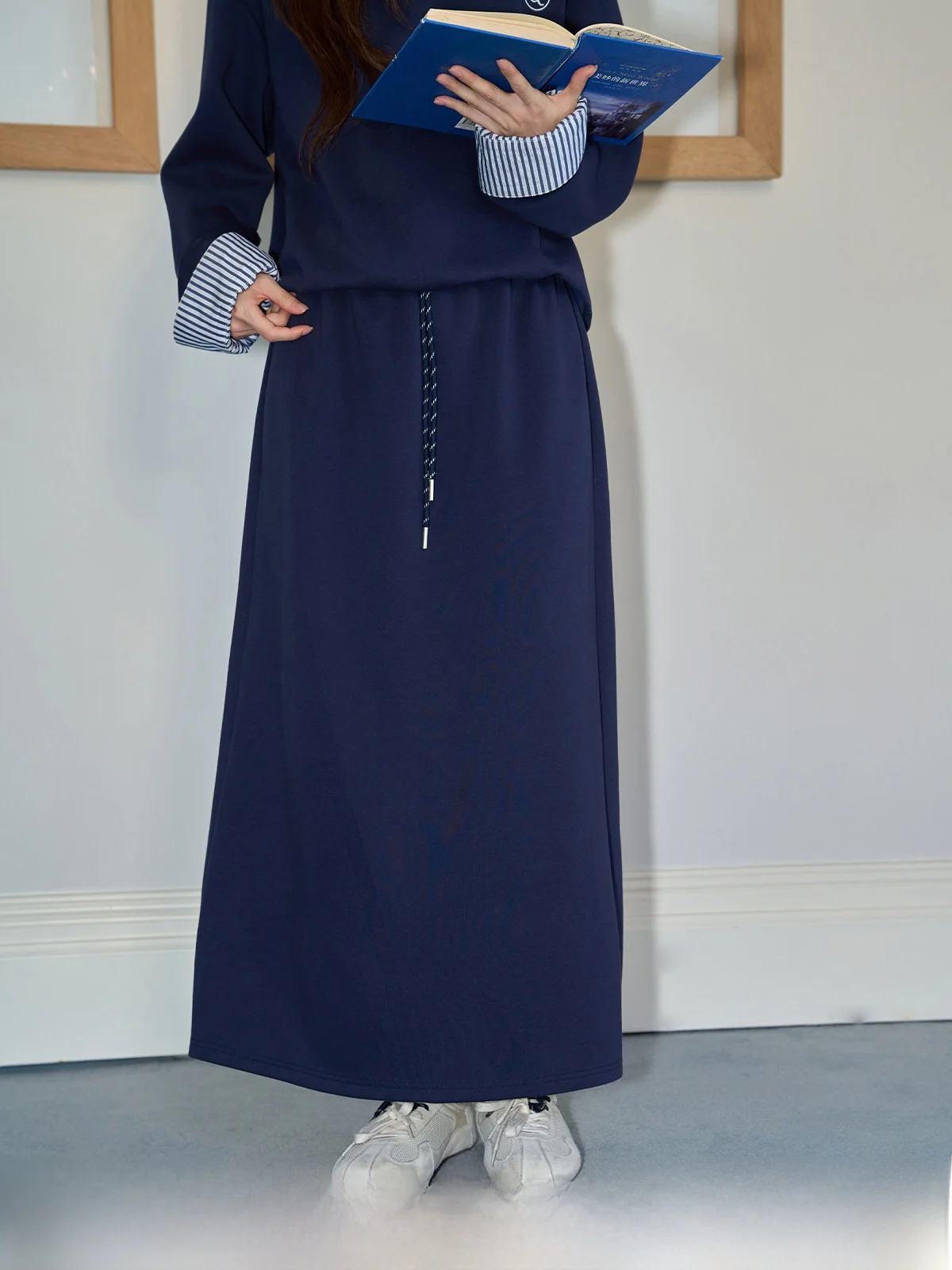 

Deep Blue Dstring High Waist Straight A-Line Skirt Women's Faionable Autumn Winter Slimming Long Skirt