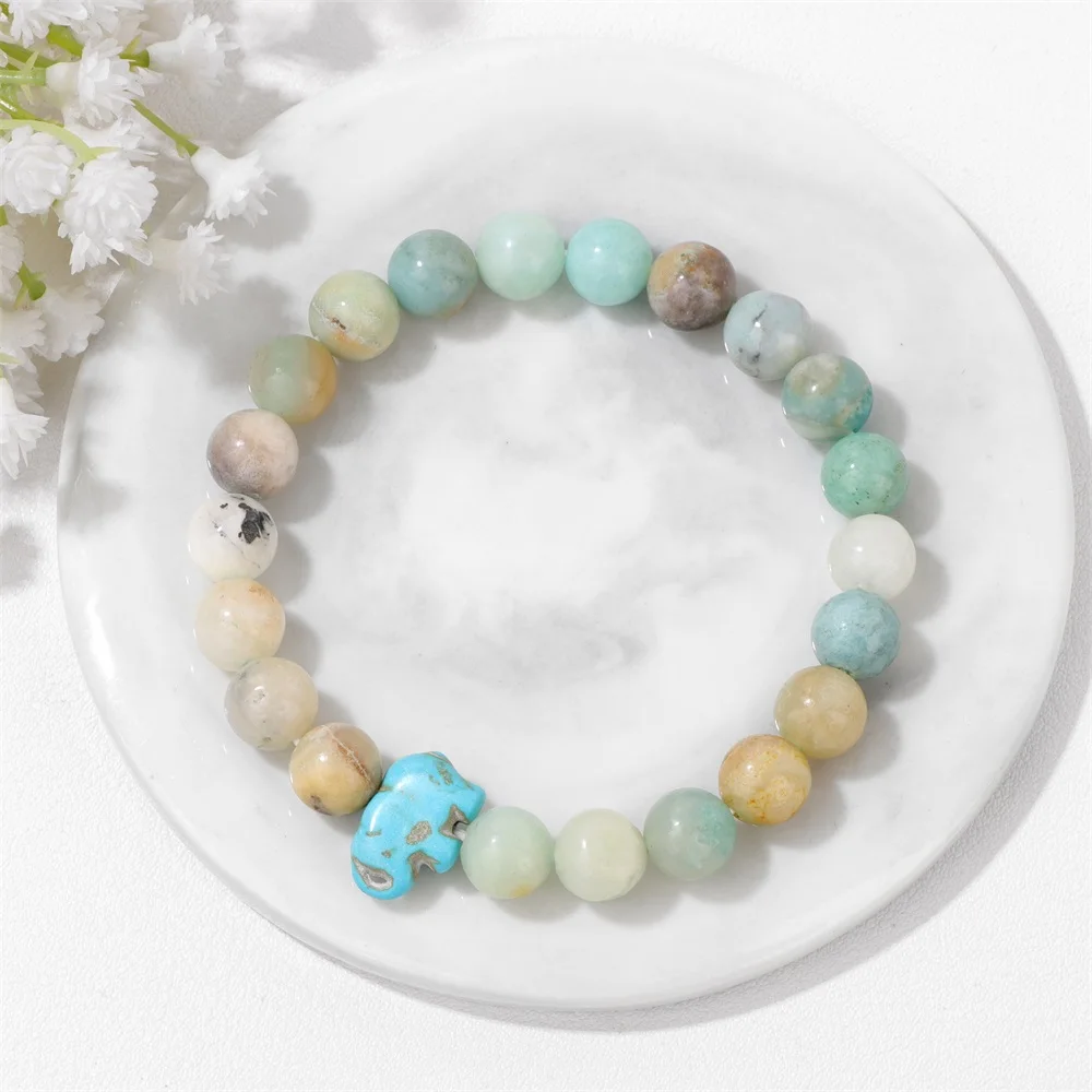 Fashion Turquois Elephant Charm Bracelet For Women Natural Amazonite Stone Bracelet Crystal Beaded Bangles Jewelry Meditation