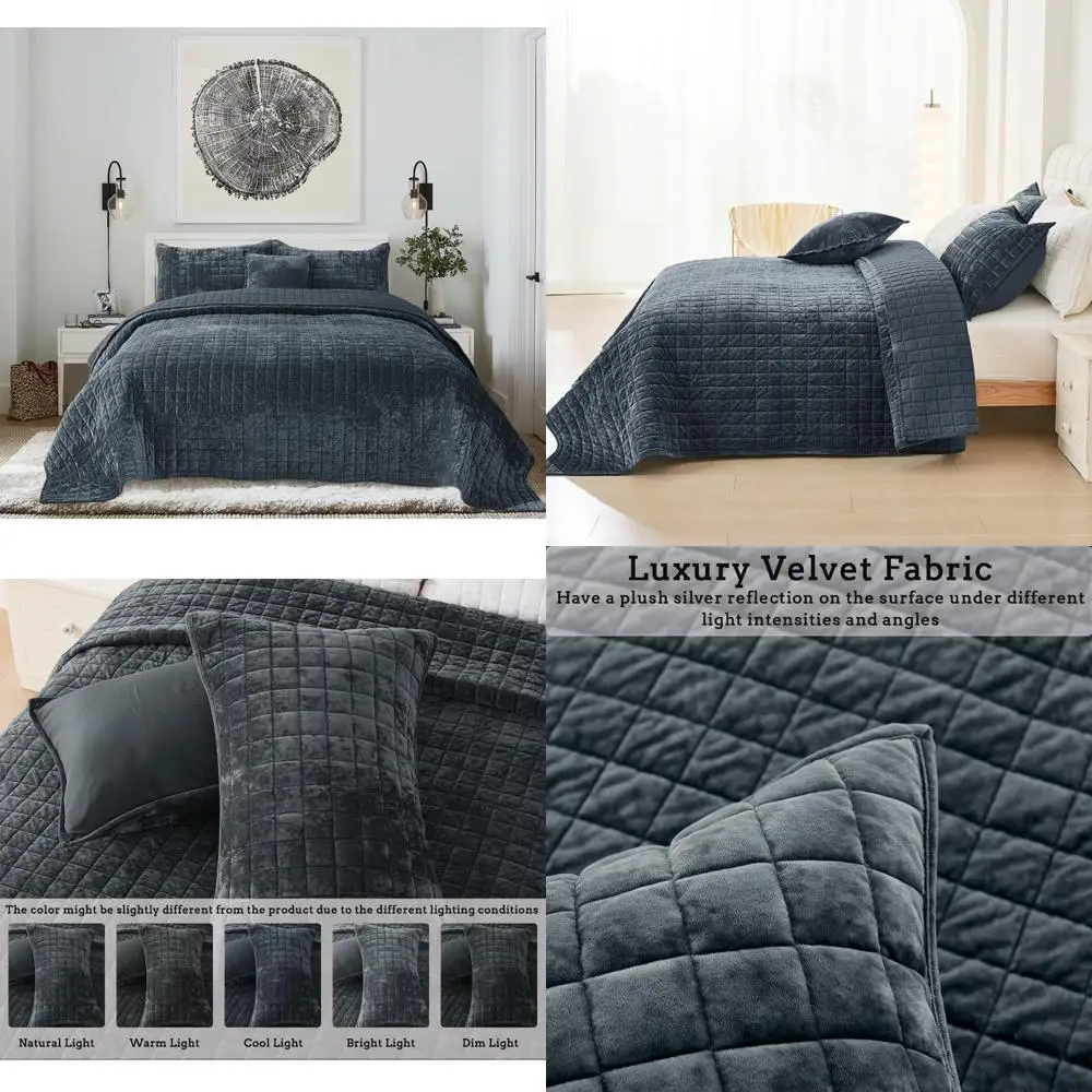 

Luxurious Oversized King Velvet Quilt Set with 2 Pillow Shams, 120x128 Inches, Ultra Soft 3-Piece Bedding