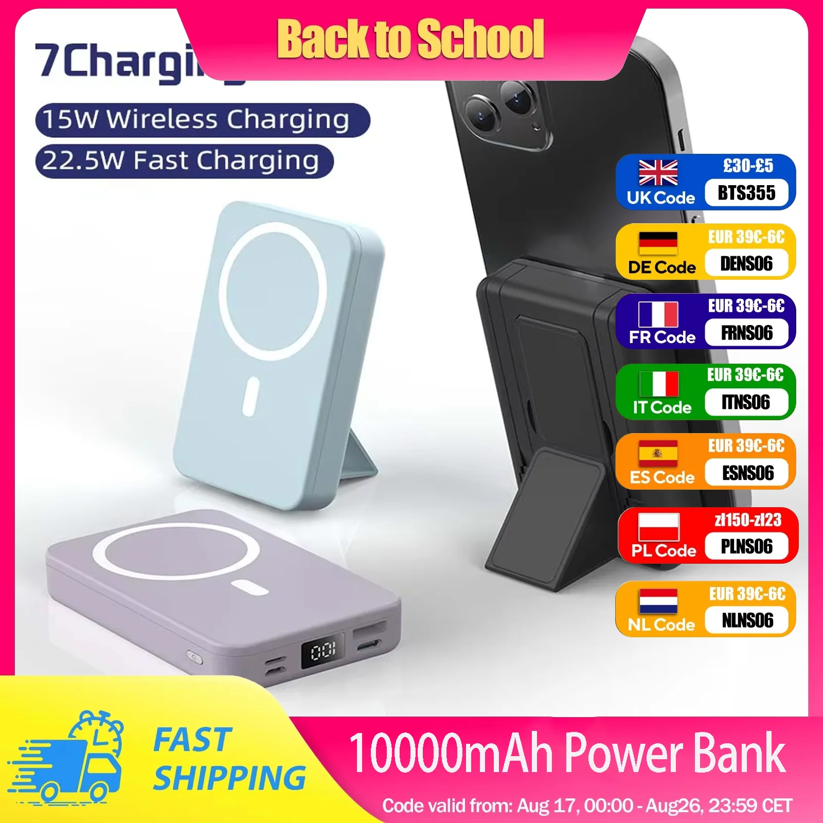 10000mAh Tragbare Magnetische Kabellose Powerbank, 22,5W Schnellladung Kompatibel mit Allen Smartphones, Mobile Stromversorgung mit Rückenclip & Faltbarem Desktop-Ständer