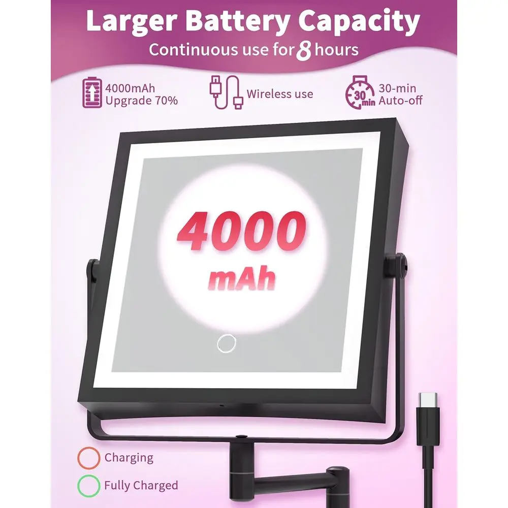 Miroir de maquillage LED double face, batterie 4000 mAh, grossissement 1X/10X, lumière 3 couleurs, variable tactile, 360 °   Bras rotatif, mat