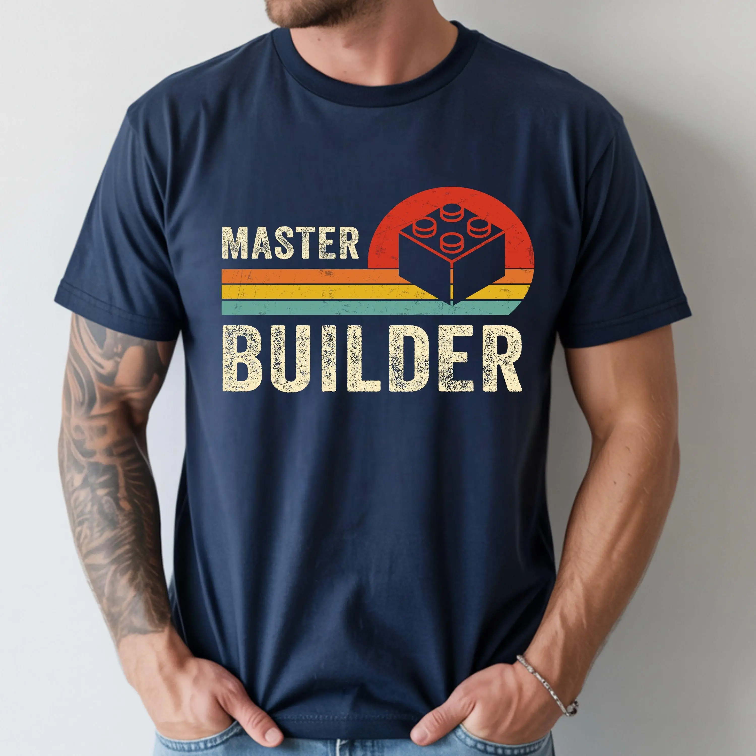 Funny Master Builder Graphic Print T-shirt Cool Summer Harajuku Short Sleeve Plus Size Top Retro Building Blocks Graphic Tee