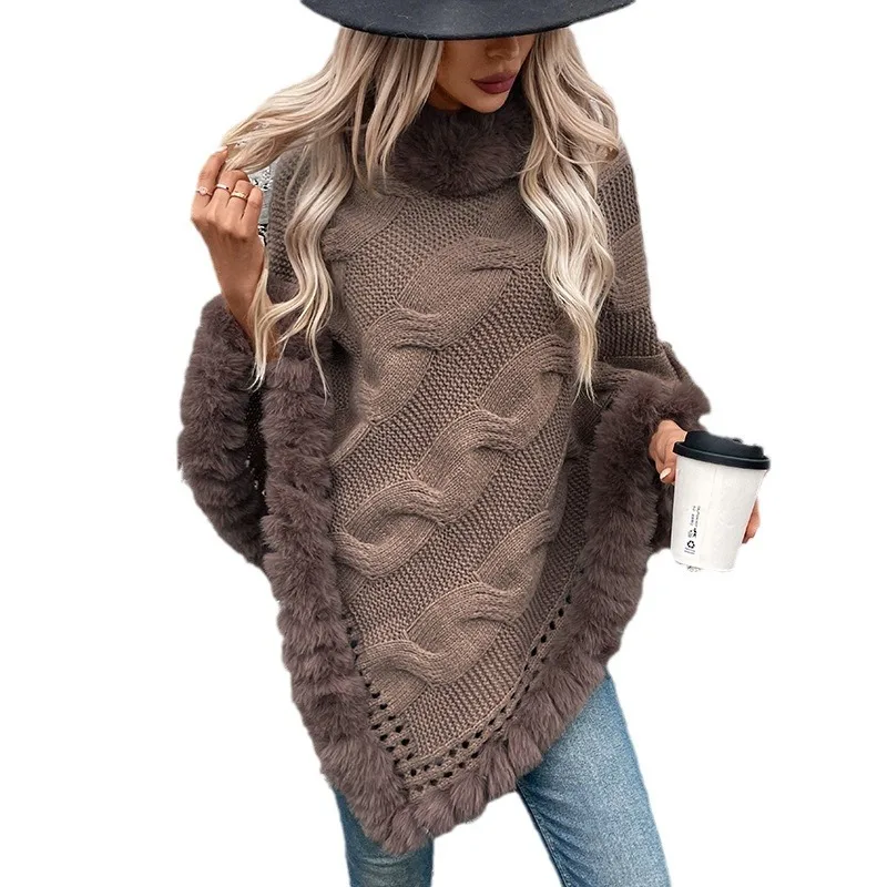 

Cross-border women's clothing 2024 autumn and winter new imitation Rex rabbit fur collar rough twist pullover sweater cape
