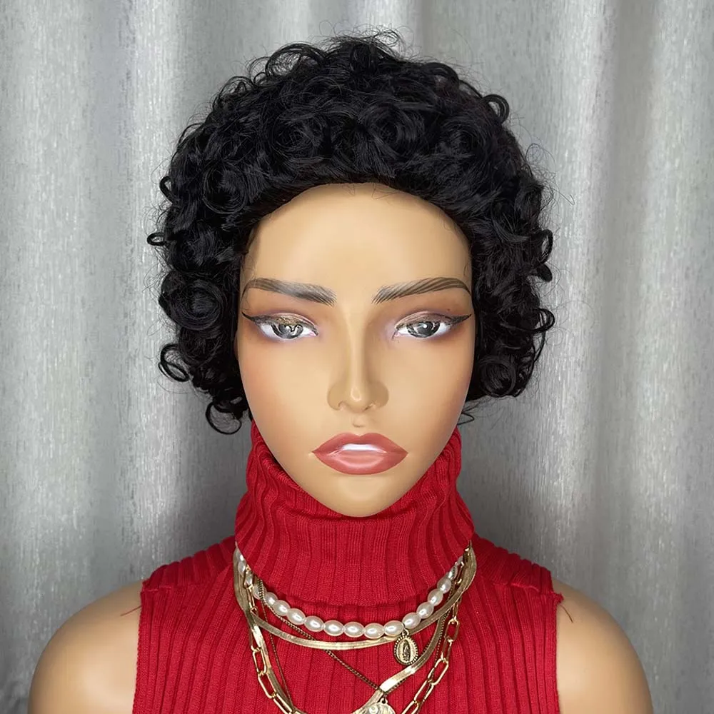 흑인 여성을 위한 짧은 곱슬 픽시 가발 브라질 인모 기계 제작 천연 블랙 밥 가발 일상용