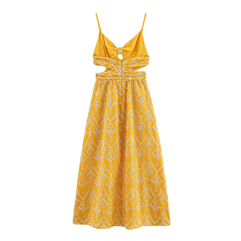 Sexy Spaghetti Straps Floral Embroidery Hollow Out Dresses Women Summer 2025 A-line Midi Dress Yellow Vestidos