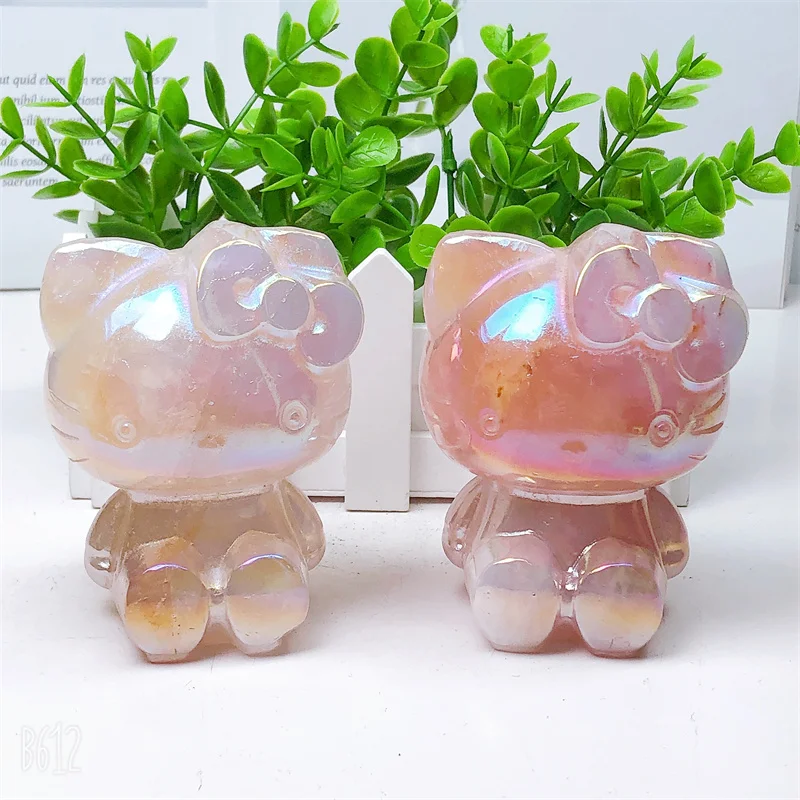 Natural Aura Rose Quartz Cartoon Cat Carving, Healing Crystal Stone, Cute Birthday Present, Home Decoration, 1Pc