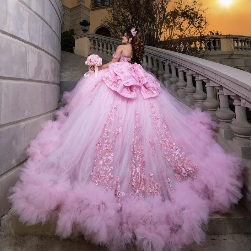 

Pink Quinceanera Dresses Ball Gown Off The Shoulder Applique Lace Beads Bow Tull Tiered Party Birthday Sweet 16 Vestido De 15