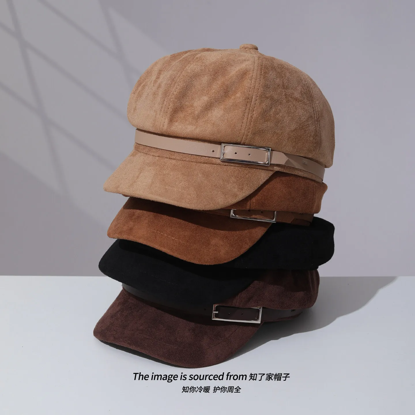 Vintage Coffee Suede Octagonal Newsboy Beret for Women, High‑Quality Belt Decor Face‑Flattering Fall Winter Hat