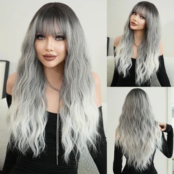 NAMM Long Wavy Ash Black Wigs Wig Long Body Wavy Wig for Women Daily Party Black gradient grey High Density Hair Synthetic Wigs