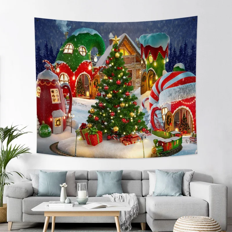 

Cartoon Christmas Village Tapestry Winter Cottage Snow Christmas Pine Candy Wall Hanging Party Living Room Bedroom Dormitory