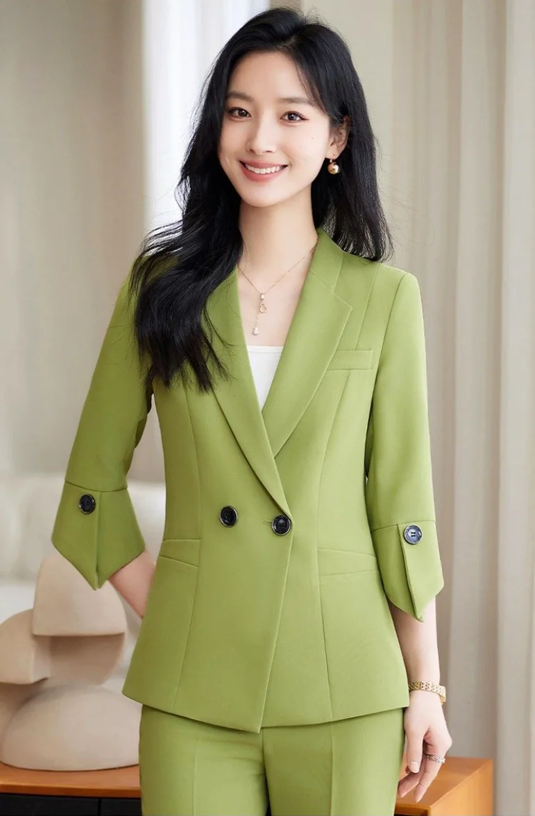 Lnsozkdg-سترات ضيقة للنساء ، معاطف بأكمام طويلة ، معاطف طية صدر أحادية اللون ، بدلات بنطال مزدوجة الصدر ، سيدات المكتب ، موضة جديدة ، الربيع ،